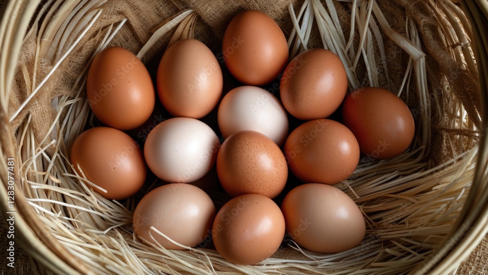 Brown and white eggs arranged in a woven basket with straw on a textured surface. Brown and white eggs arranged in a woven basket with straw on a textured surface.