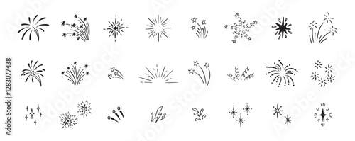 Set of cute fireworks line doodle elements. Lightning, explosion, sunburst, fireworks, bling, motion effects Party, birthday, anniversary and Christmas.