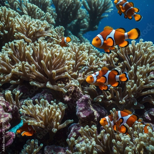 A school of brightly colored clownfish swimming through coral, with rays of light shining through the water.