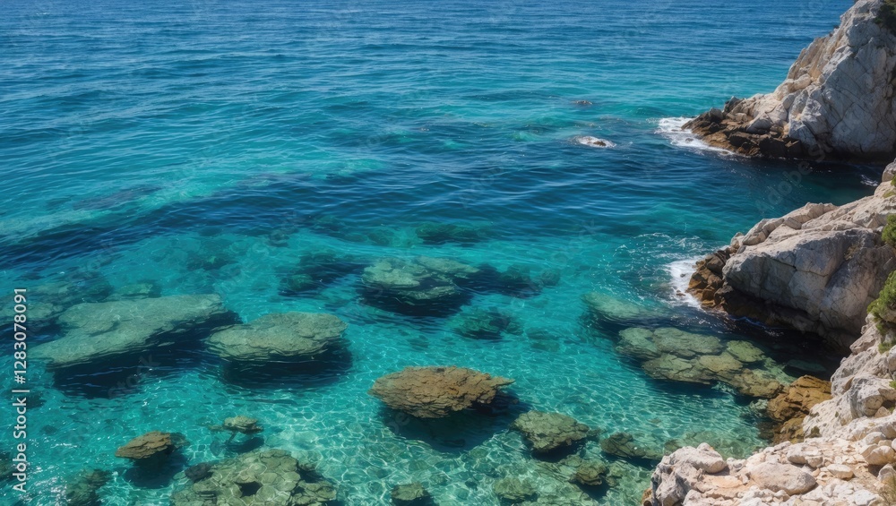 Turquoise clear water with rocky coastline and submerged stones in a tropical marine environment. Turquoise clear water with rocky coastline and submerged stones in a tropical marine environment.