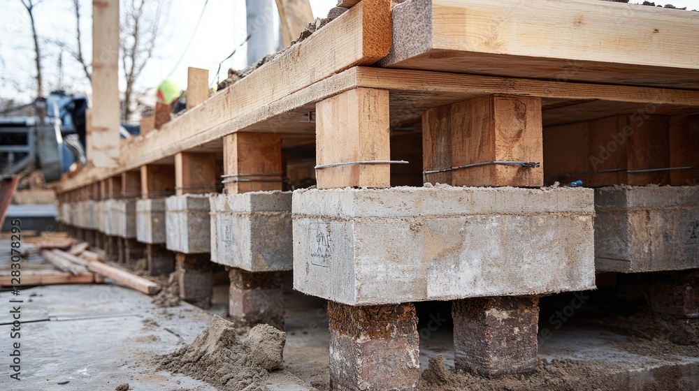 Brick foundation being laid with precise alignment for strong structural support Brick foundation being laid with precise alignment for strong structural support