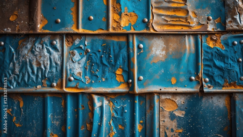 Detailed Close-Up of Weathered Blue Metal Sheet with Rust and Texture Variations for Industrial or Vintage Design Inspiration Detailed Close-Up of Weathered Blue Metal Sheet with Rust and Texture Variations for Industrial or Vintage Design Inspiration