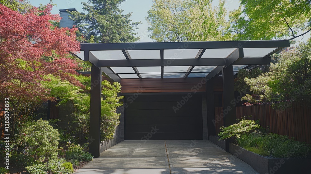 Carport with frosted acrylic roofing, reducing glare while keeping the area cool Carport with frosted acrylic roofing, reducing glare while keeping the area cool