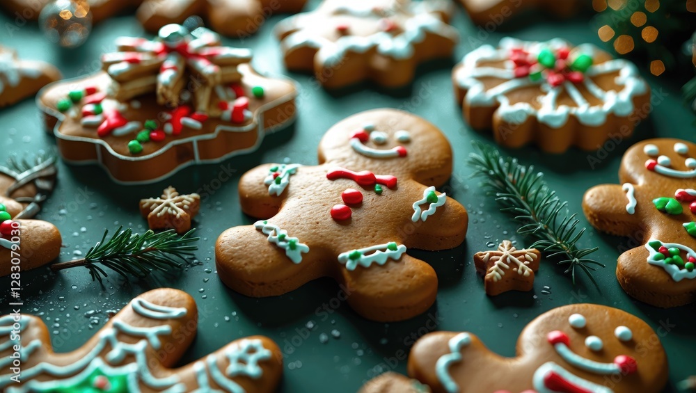 Decoratively iced gingerbread cookies arranged on a green surface with pine branches and festive decorations Decoratively iced gingerbread cookies arranged on a green surface with pine branches and festive decorations