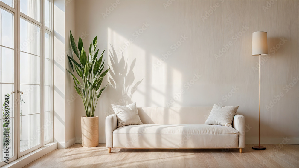 This image shows a cozy living room with a white sofa, a tall floor lamp, and a large potted plant with long green leaves. This image shows a cozy living room with a white sofa, a tall floor lamp, and a large potted plant with long green leaves.