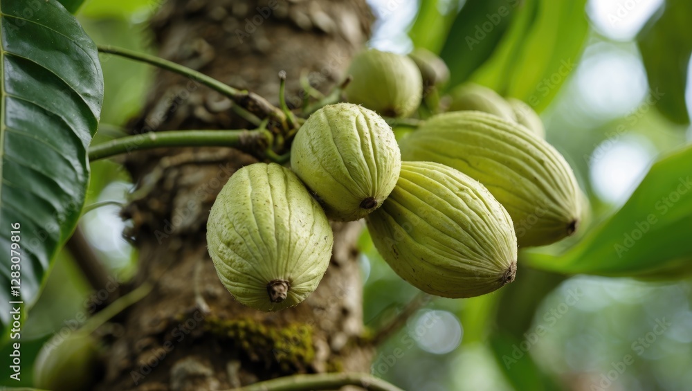 Close up of areca nuts growing on tree branch surrounded by green foliage in a tropical environment. Natural food source and agriculture concept. Close up of areca nuts growing on tree branch surrounded by green foliage in a tropical environment. Natural food source and agriculture concept.