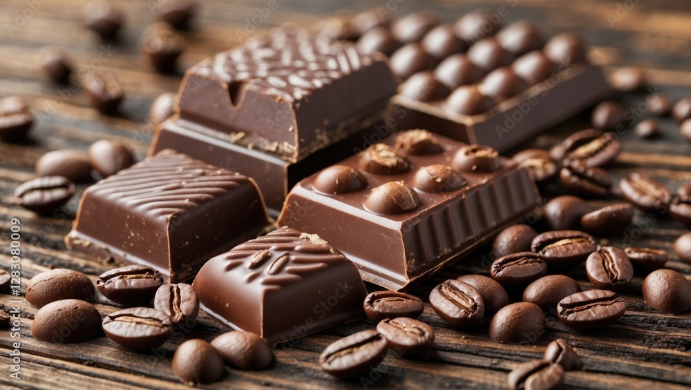 Assortment of dark chocolate pieces with coffee beans on wooden surface Assortment of dark chocolate pieces with coffee beans on wooden surface