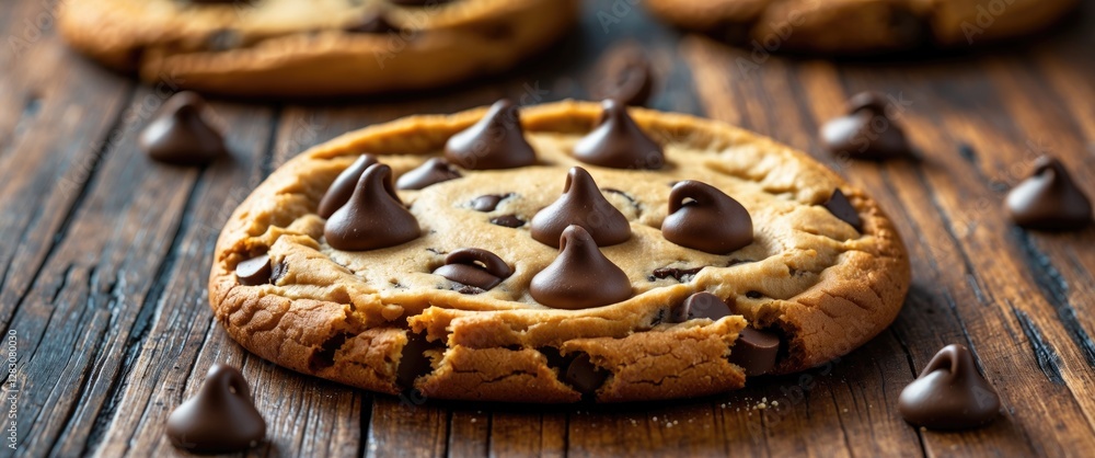 Chocolate chip cookies with melted chocolate on rustic wooden background Chocolate chip cookies with melted chocolate on rustic wooden background