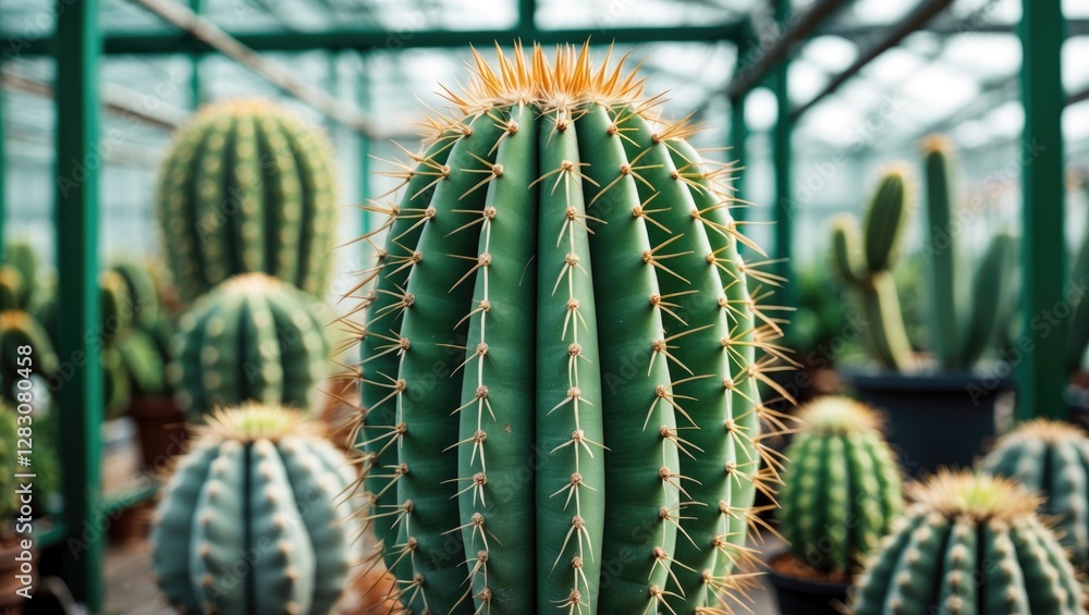 Large Green Cactus with Long Thorns in Greenhouse Environment Showcasing Lush Foliage and Selective Focus on Unique Texture and Detail Large Green Cactus with Long Thorns in Greenhouse Environment Showcasing Lush Foliage and Selective Focus on Unique Texture and Detail