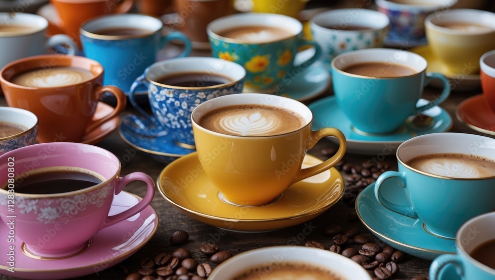 Vibrant collection of colorful coffee and tea cups arranged artistically on a wooden surface with scattered coffee beans. Vibrant collection of colorful coffee and tea cups arranged artistically on a wooden surface with scattered coffee beans.