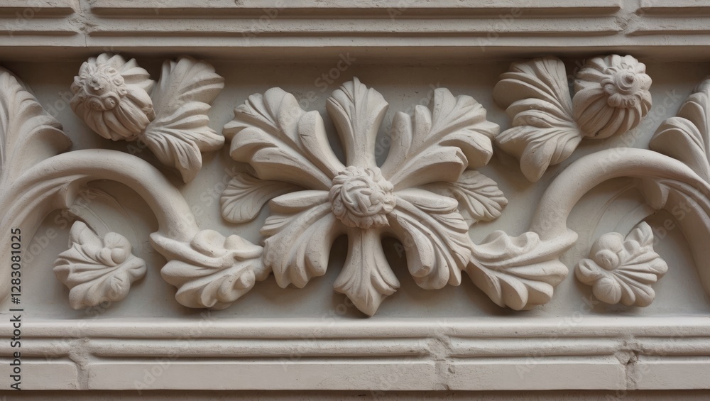 Decorative architectural relief featuring floral design elements on a stone surface with intricate detailing and texture. Decorative architectural relief featuring floral design elements on a stone surface with intricate detailing and texture.