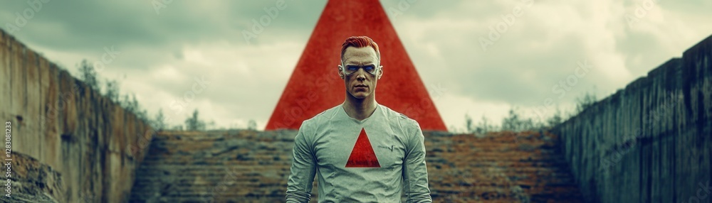Fototapeta premium Robot and technology concept, Futuristic figure with geometric backdrop