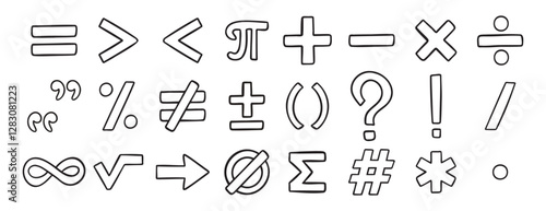 math symbols doodle hand drawn icon set. Outline drawing line clipart symbol collection