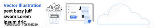 Bucket of popcorn, online payment interface with Pay button, and a cloud graphic. Ideal for online purchases, cloud data, entertainment services, e-commerce, convenience, digital transactions