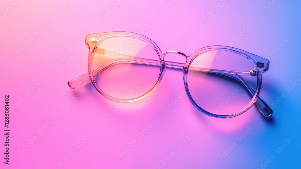 Stylish pair of eyeglasses resting elegantly on a vibrant pink and blue background creating a modern aesthetic appeal Stylish pair of eyeglasses resting elegantly on a vibrant pink and blue background creating a modern aesthetic appeal