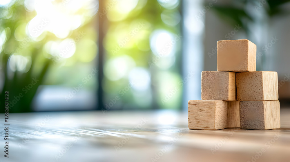 Wooden blocks stacked on a table near a sunlit window, representing growth, strategy, or teamwork; ideal for business or education contexts Wooden blocks stacked on a table near a sunlit window, representing growth, strategy, or teamwork; ideal for business or education contexts