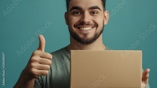 Happy man giving a thumbs up while holding a cardboard box indoors photo