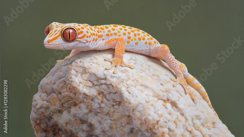 Gecko (Hemidactylus) climbing a rock, intricate eye patterns, sharp details against a deep green background photo