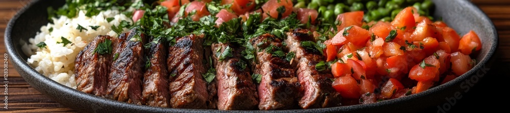 Grilled Steak with Rice and Fresh Tomato Salad. Generative AI Grilled Steak with Rice and Fresh Tomato Salad. Generative AI
