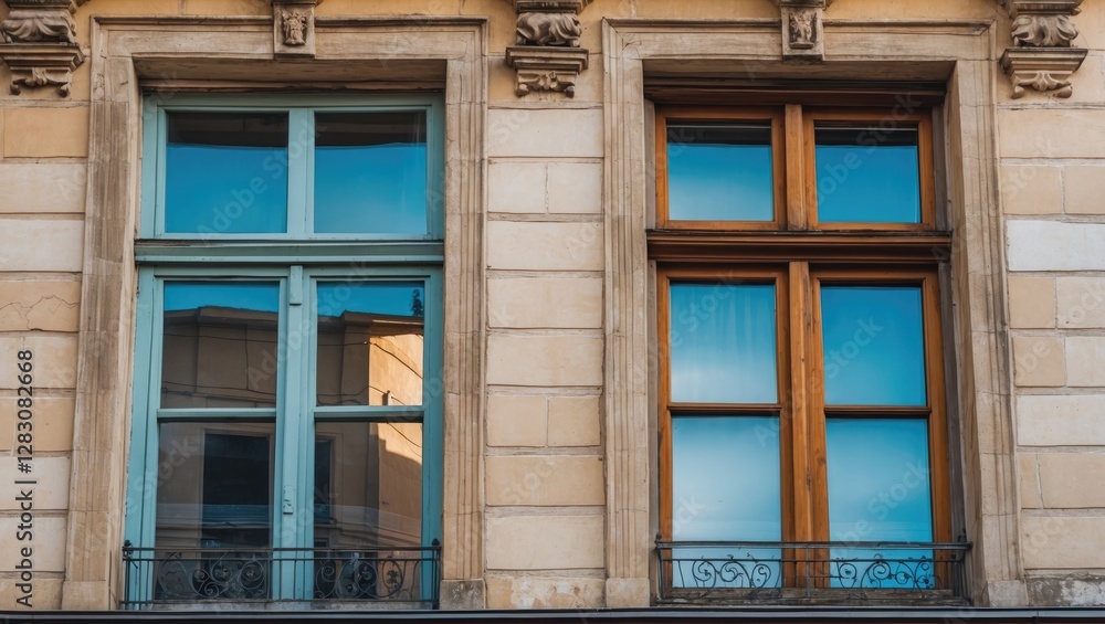 Two contrasting architectural windows with wooden frames and glass reflecting a building facade and blue sky. Two contrasting architectural windows with wooden frames and glass reflecting a building facade and blue sky.