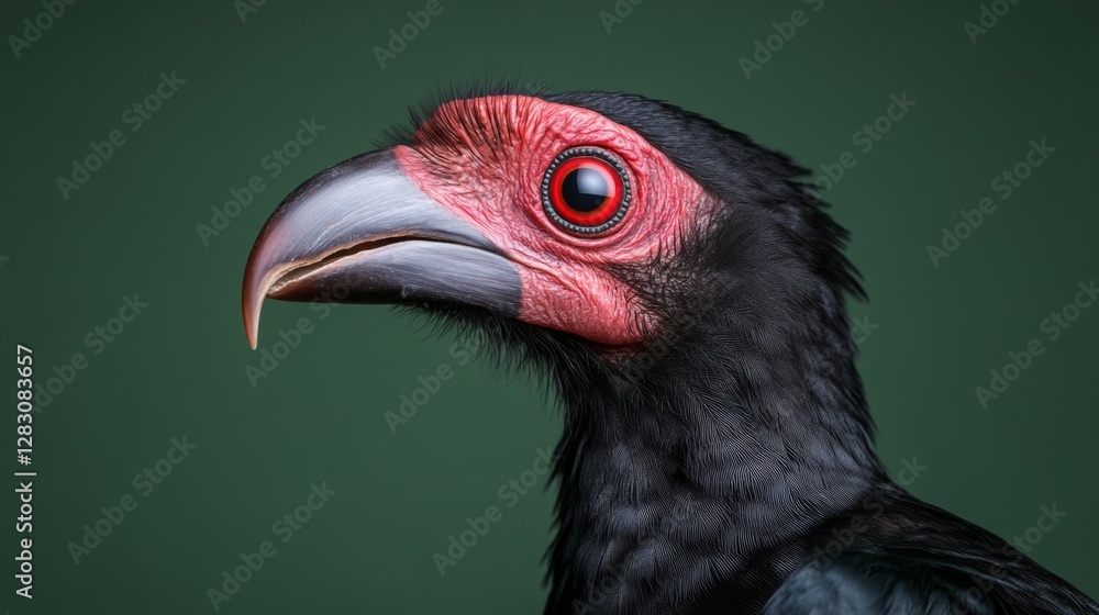 Hornbill (Bucorvus leadbeateri) with vibrant red face and curved beak, intricate feather details, isolated on deep green backdrop Hornbill (Bucorvus leadbeateri) with vibrant red face and curved beak, intricate feather details, isolated on deep green backdrop