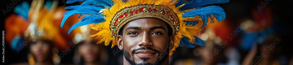 Smiling man in colorful traditional costume at carnival celebration. Generative AI Smiling man in colorful traditional costume at carnival celebration. Generative AI