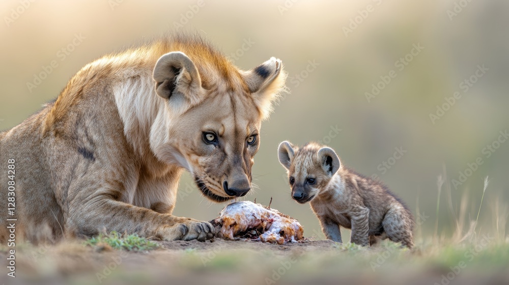 Hyenas and vultures surrounding a lion feeding on prey, raw intensity, ultra-sharp detail, deep green isolation Hyenas and vultures surrounding a lion feeding on prey, raw intensity, ultra-sharp detail, deep green isolation