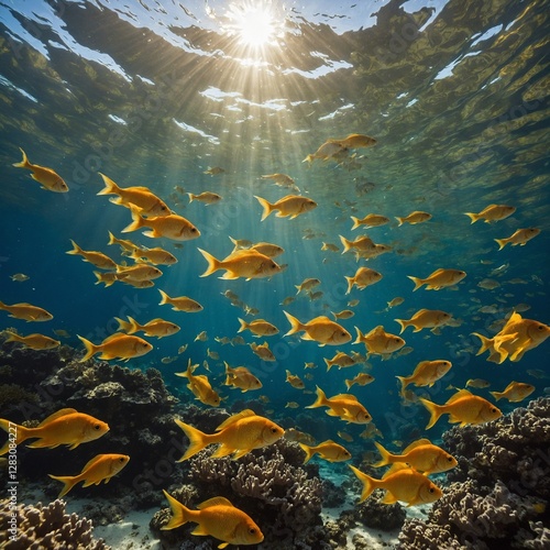 A school of golden fish shimmering in the sunlight as they swim through a coral reef.