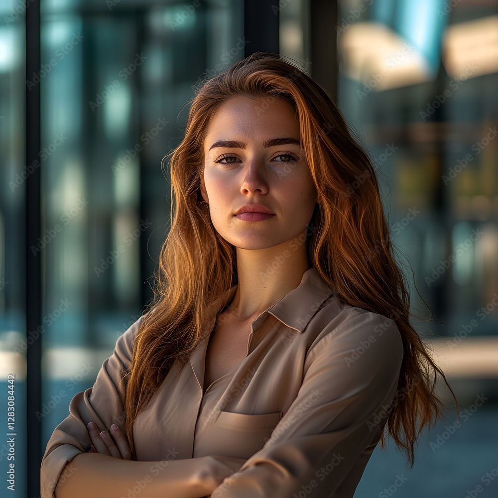 Fototapeta premium A woman with curly hair and glasses is standing in front of a window