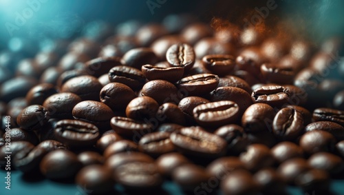 Macro shot of freshly roasted coffee beans creating a rich and textured background for coffee-related themes and advertisements. photo