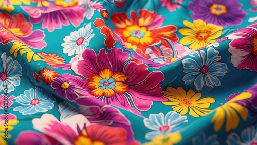 Brightly colored floral fabric textile with vibrant blooms and a teal background displaying intricate patterns and textures. photo