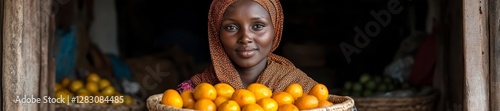 Smiling woman holding oranges in a basket in a market. Generative AI