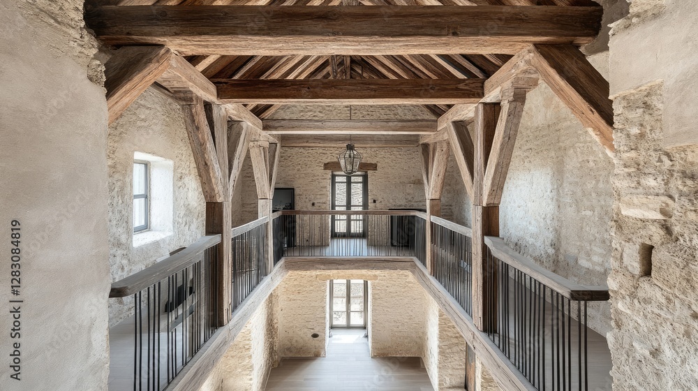 Obraz premium Exposed wooden trusses forming the roof structure of a traditional house