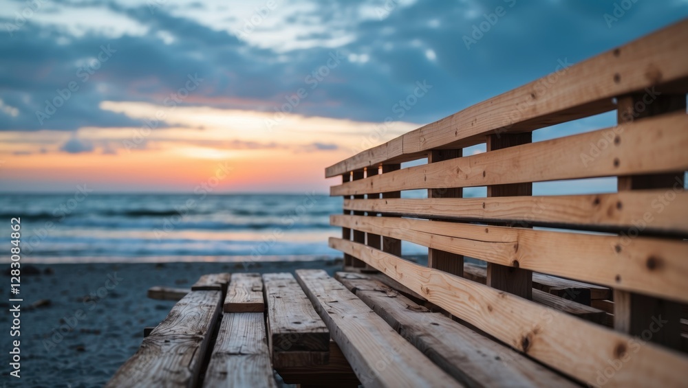 Obraz premium Wooden bench on beach during sunset with ocean waves in background and cloudy sky Copy Space