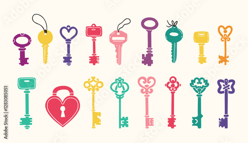 Hand drawn colored vector Keys. Doodle various vintage, modern and cute isolated keys. Different types, sizes.