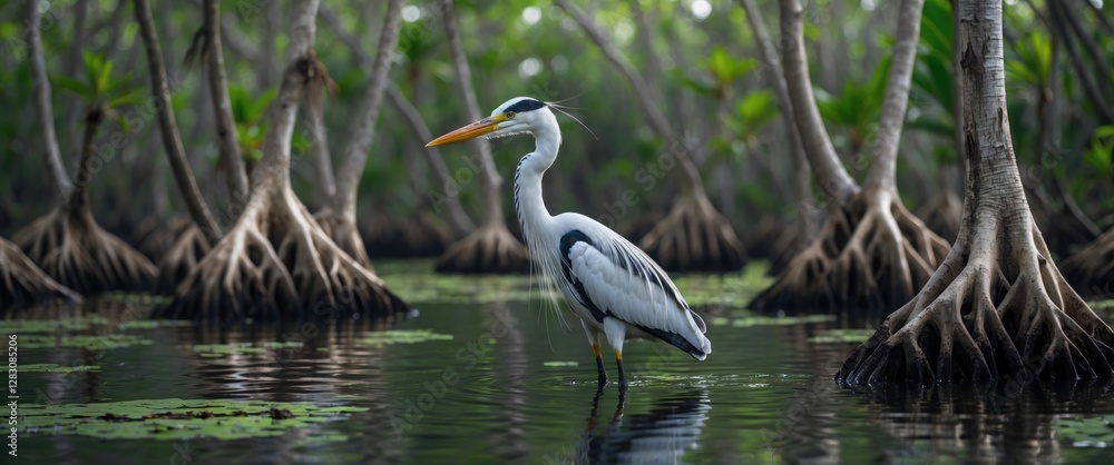 Heron standing in a mangrove forest with visible roots reflected in calm water Copy Space Heron standing in a mangrove forest with visible roots reflected in calm water Copy Space