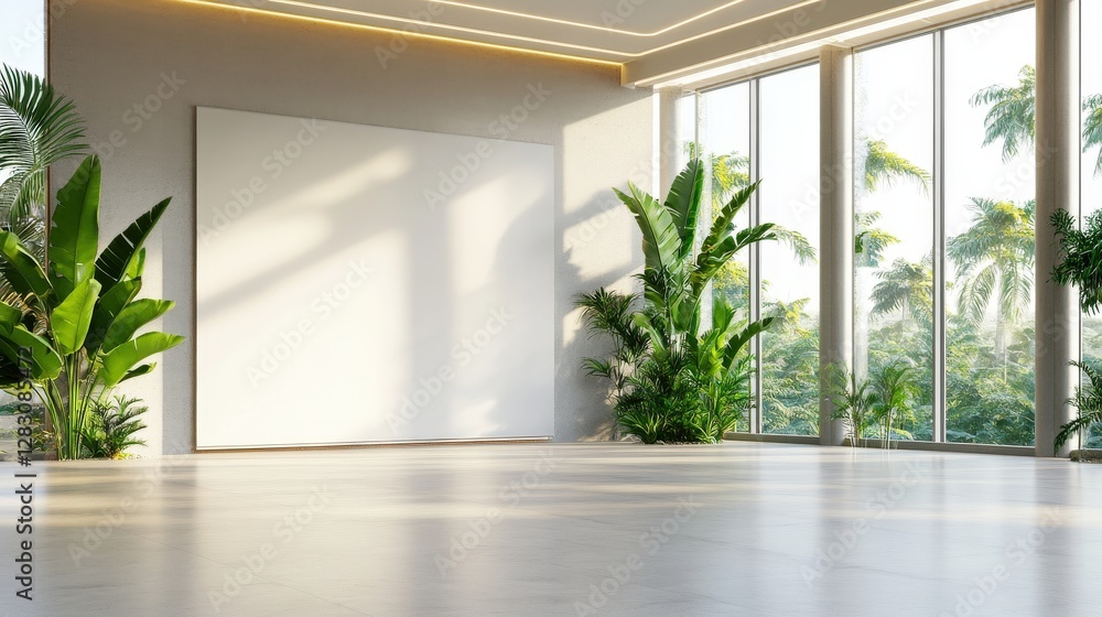 Fototapeta premium Modern Room Design Featuring Large Blank Canvas And Tropical Plants