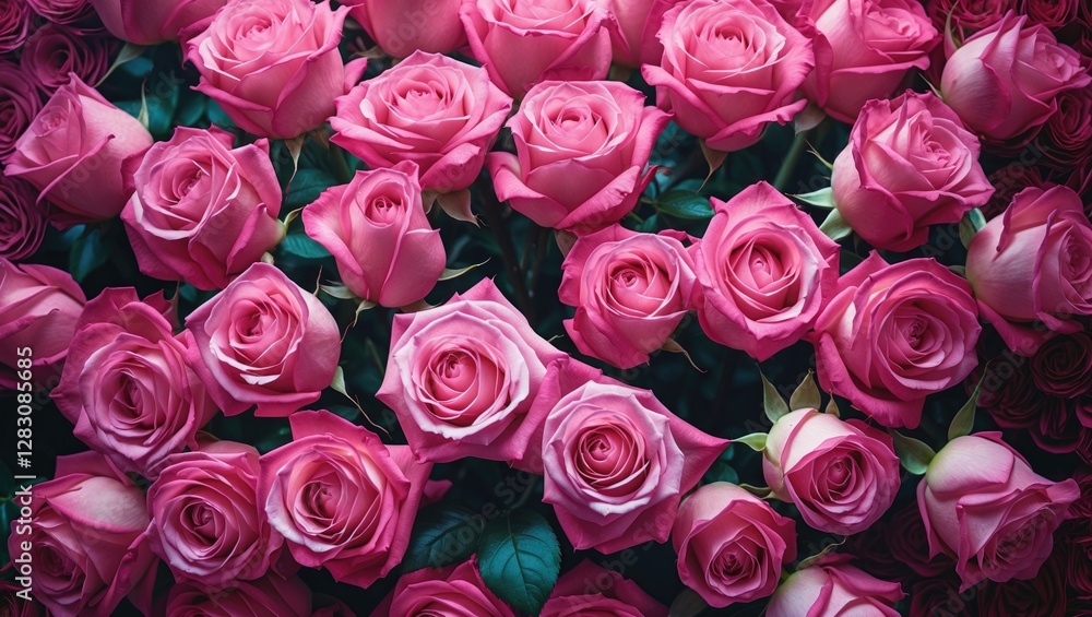 Close up view of a dense arrangement of pink roses displaying petals and foliage in a vibrant floral composition Close up view of a dense arrangement of pink roses displaying petals and foliage in a vibrant floral composition