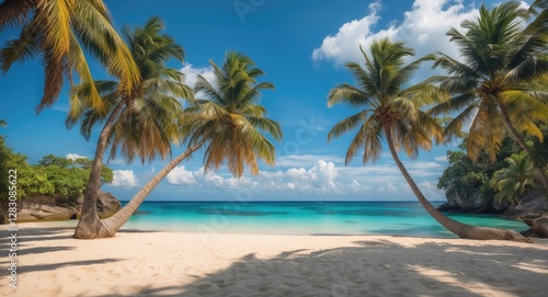 Tropical beach with palm trees and clear blue water under a bright sky, ideal for travel and vacation themes, Copy Space photo