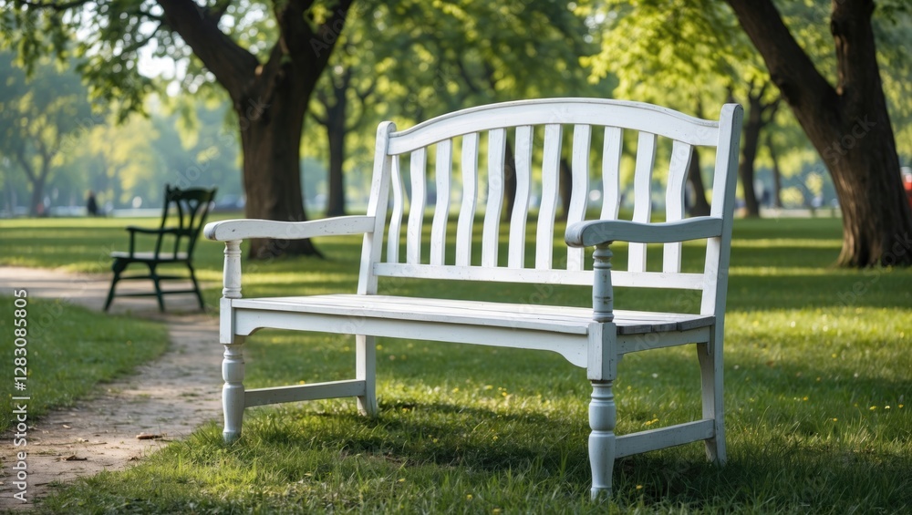 White wooden bench in park surrounded by trees with sunlight filtering through leaves, path leading to empty chair in background, Copy Space White wooden bench in park surrounded by trees with sunlight filtering through leaves, path leading to empty chair in background, Copy Space