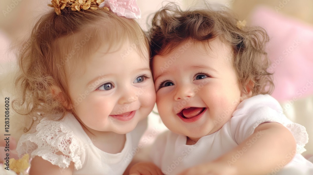 Adorable Twin Babies Smiling Joyfully Together Adorable Twin Babies Smiling Joyfully Together