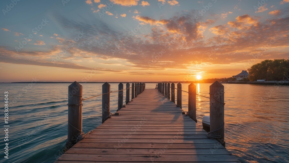 Fototapeta premium Wooden pier extending into calm water at sunset with colorful sky and puffy clouds reflecting on the surface, Copy Space