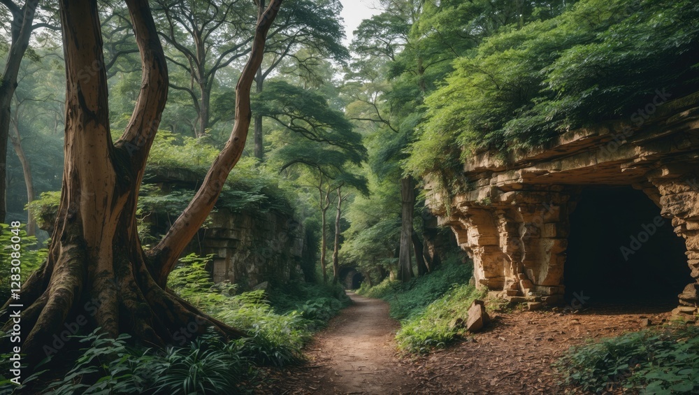 Fototapeta premium Lush forest pathway with moss-covered rock formations and large trees in atmospheric light, natural scenery with copy space for text