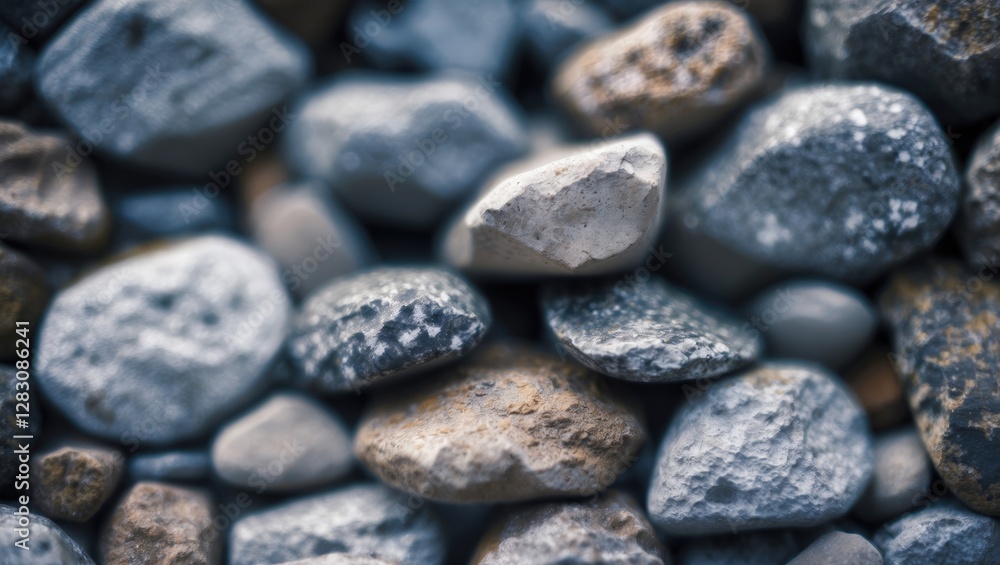 Close-up view of various smooth pebbles and rocks in different shades of gray and brown scattered on the ground Close-up view of various smooth pebbles and rocks in different shades of gray and brown scattered on the ground