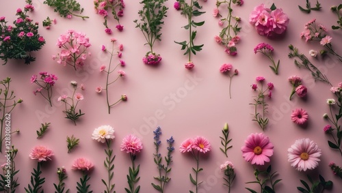 Various pink flowers arranged on a soft pink background showcasing botanical diversity and color gradients with Copy Space