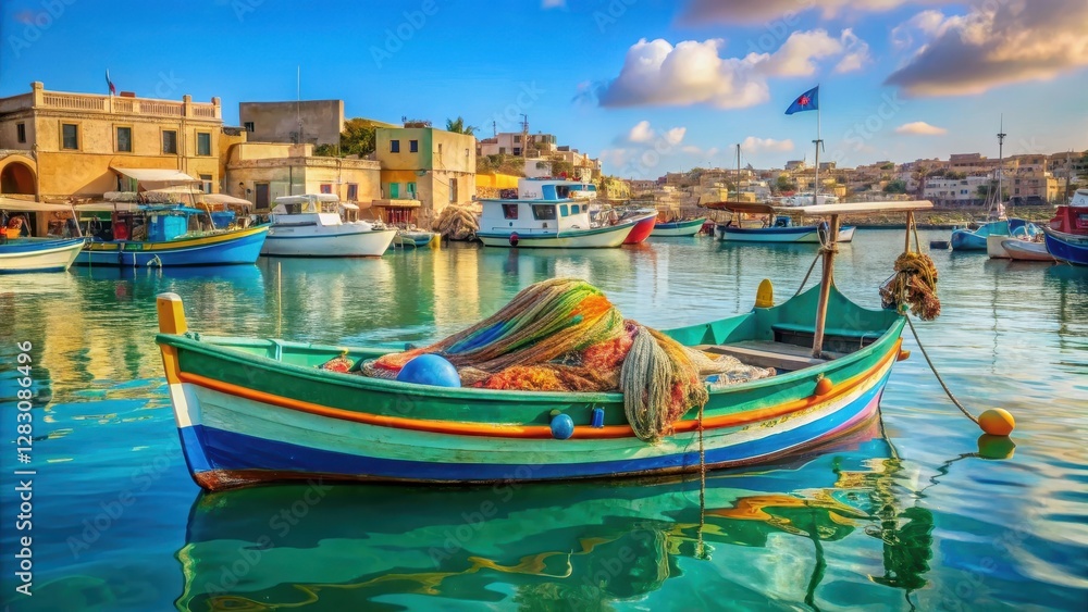 Traditional fishing boat Luzzu in Marsaxlokk harbor with colorful nets and ropes Traditional fishing boat Luzzu in Marsaxlokk harbor with colorful nets and ropes