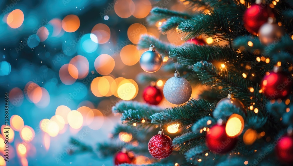 Christmas tree with decorative ornaments and soft glowing lights in a winter setting with snowflakes and a blurred background Christmas tree with decorative ornaments and soft glowing lights in a winter setting with snowflakes and a blurred background