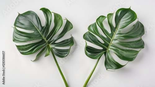 Monstera leaves on white background with copy space for botanical or natural-themed designs