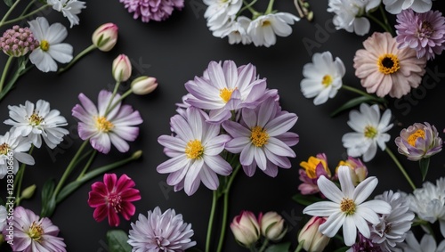 Assorted colorful flowers arranged on a dark background with space for text. Copy Space. photo