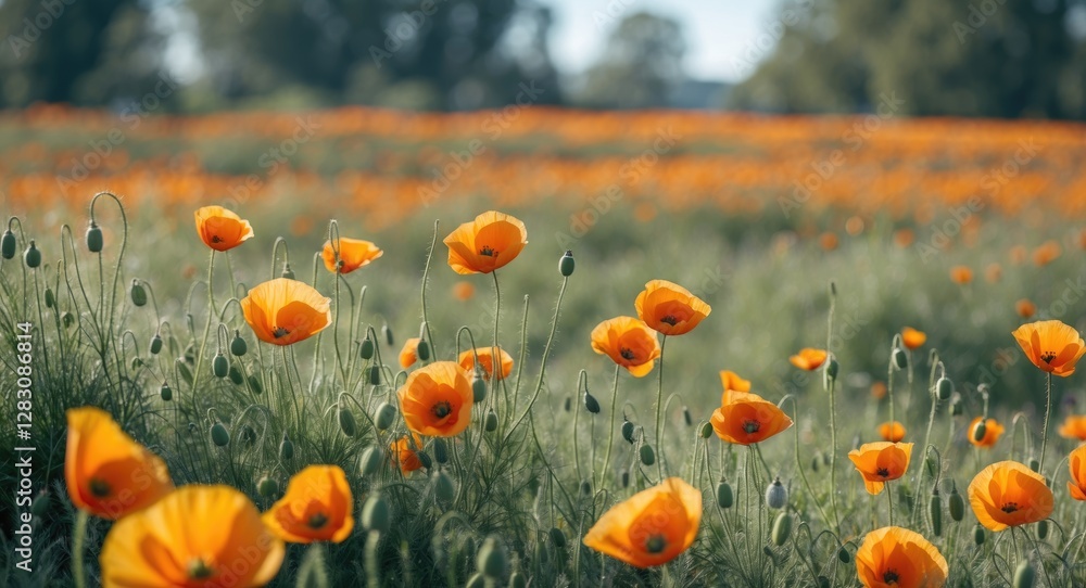 Obraz premium Vibrant orange poppy flowers blooming in a lush green field under clear blue skies with natural lighting Copy Space